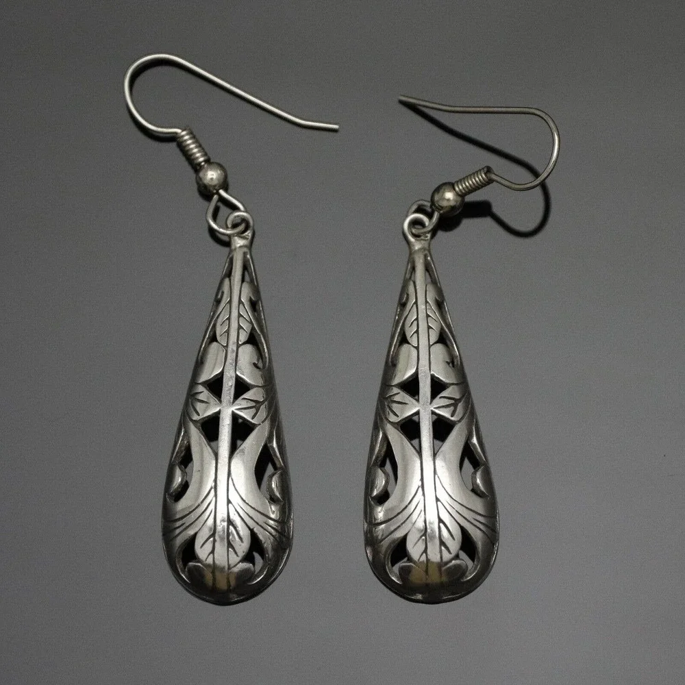 Vintage Sterling Silver 925 Dangle Fishhook Openwork Earrings